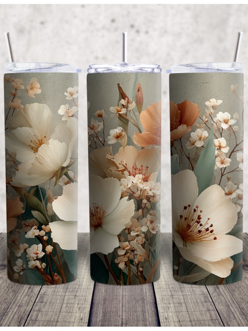 Botanical Blossom Stainless Steel Tumbler - Cream & Green